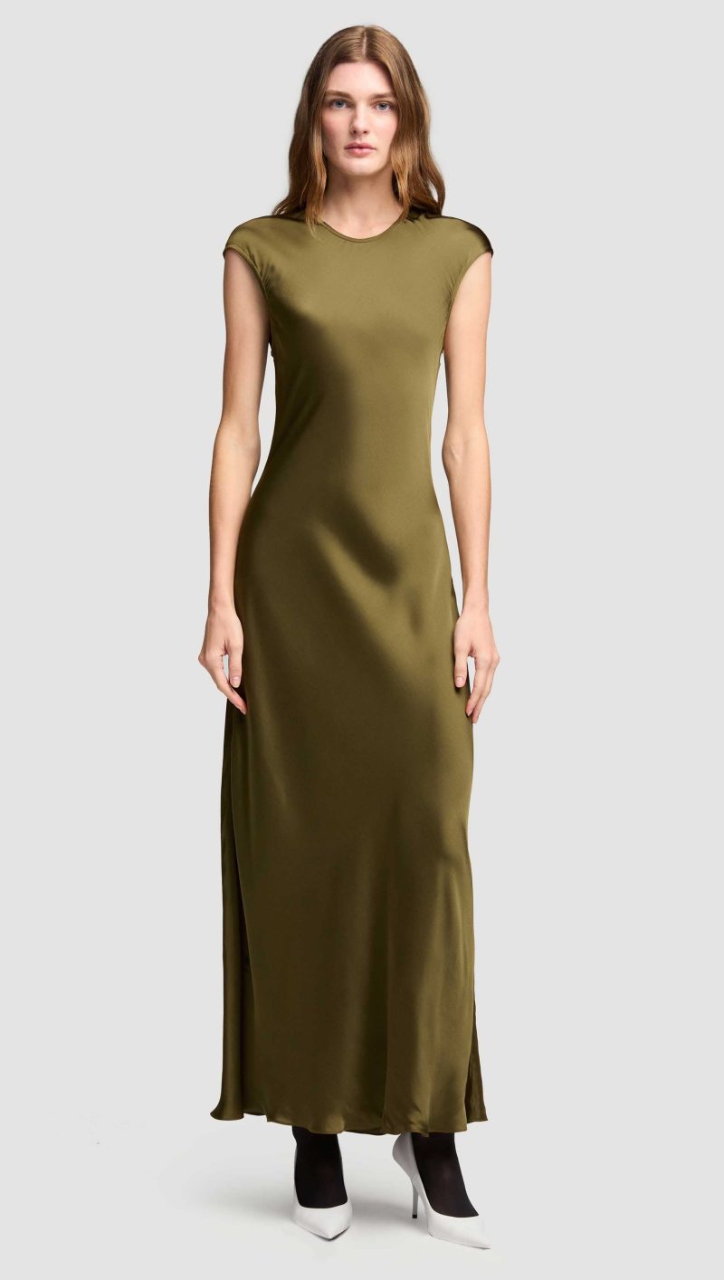 01 Bias Dress in Viscose Satin Olive 0034