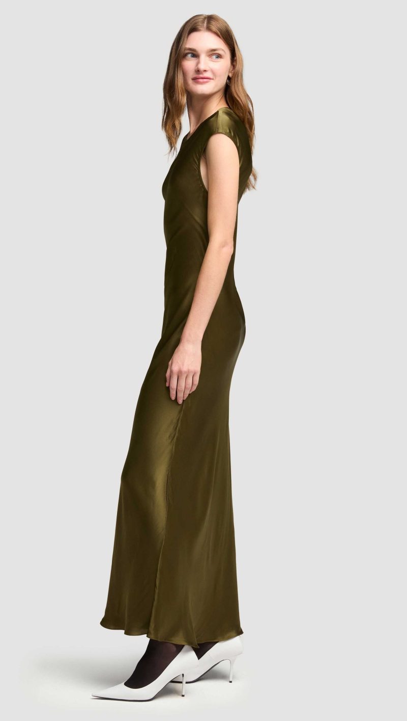 01 Bias Dress in Viscose Satin Olive 0065