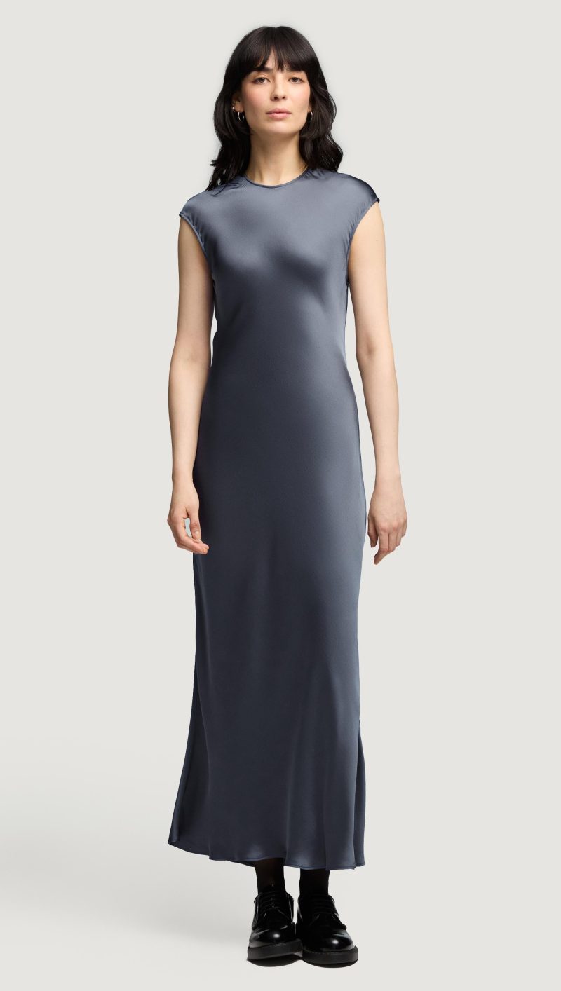 02 Bias Dress in Viscose Satin Stone Blue 2239