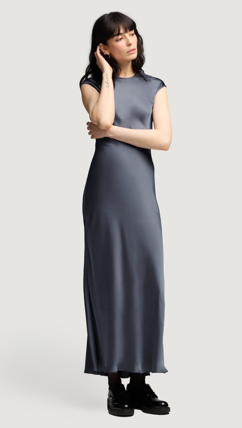 02 Bias Dress in Viscose Satin Stone Blue 2256