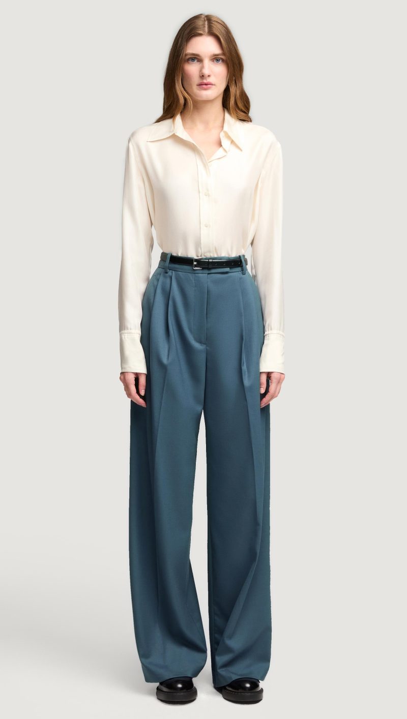 03 Pleated Trouser in Seasonless Wool Stone Blue 730