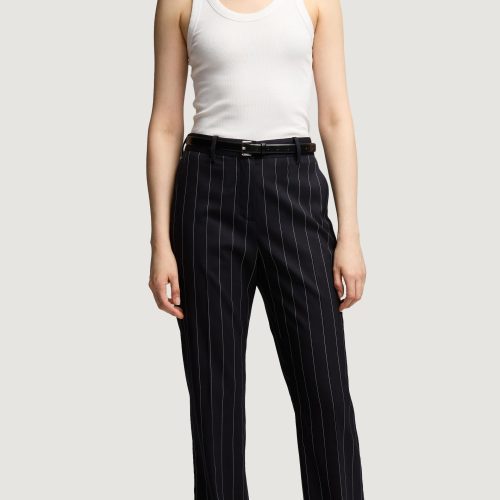 12 Straight Leg Trouser in Stretch Wool Navy Pinstripe 6015