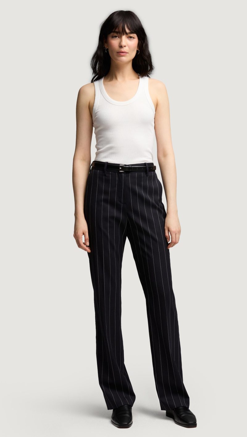 12 Straight Leg Trouser in Stretch Wool Navy Pinstripe 6015