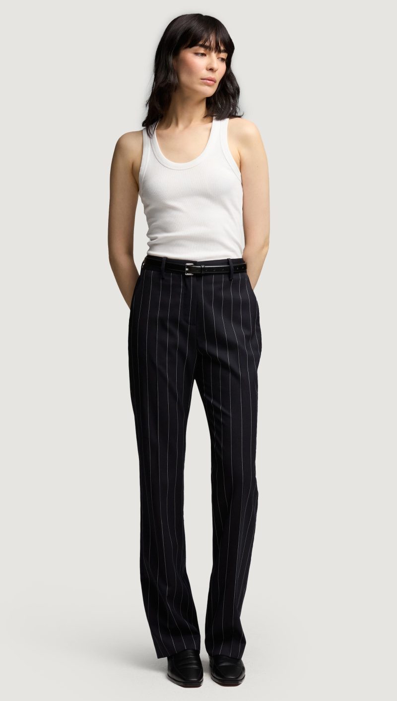 12 Straight Leg Trouser in Stretch Wool Navy Pinstripe 6022