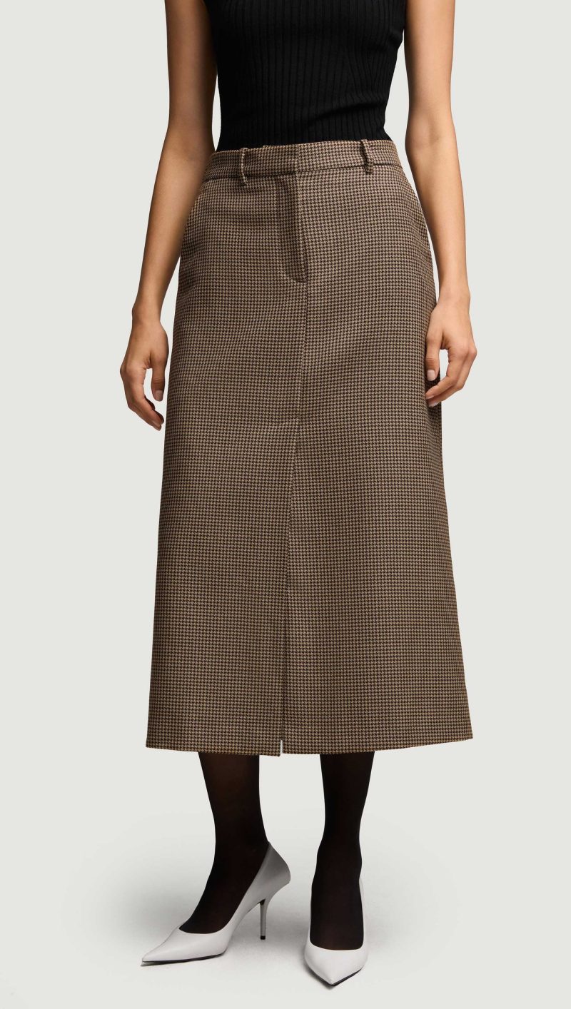 21 Tailored Skirt in Wool Brown Houndstooth 5167