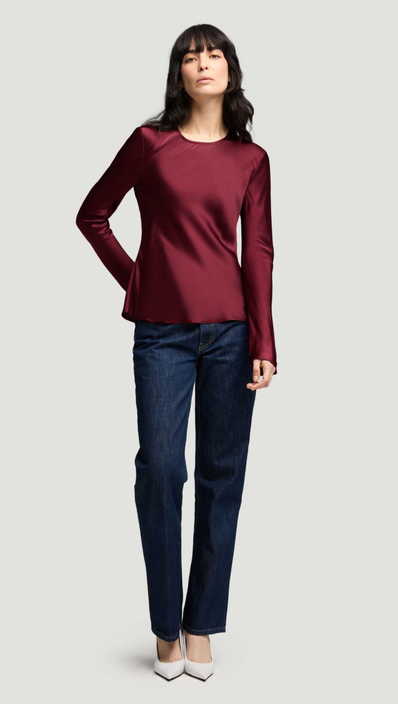 40 Longsleeve Bias Top in Viscose Satin Burgundy 1620