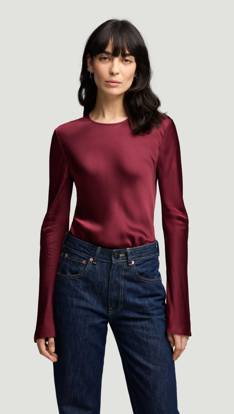 40 Longsleeve Bias Top in Viscose Satin Burgundy 1655