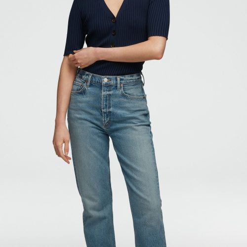 43 Ribbed Collar Top in Stretch Rayon Navy 1308