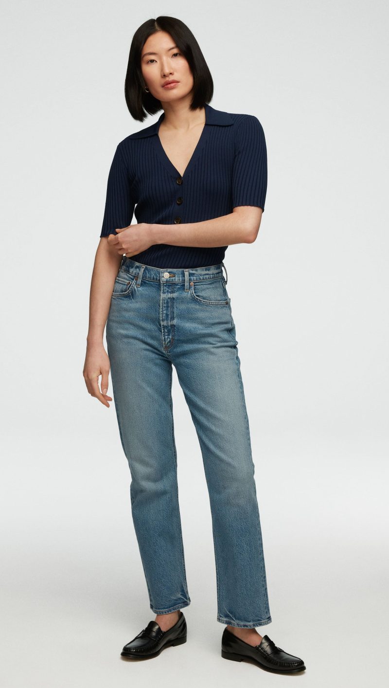 43 Ribbed Collar Top in Stretch Rayon Navy 1308