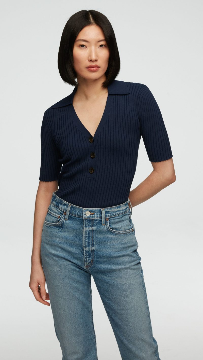 43 Ribbed Collar Top in Stretch Rayon Navy 1319