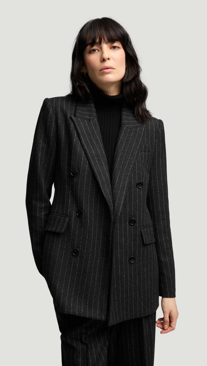 46a Belted Double Breasted Blazer in Wool Blend Grey Pinstripe 3478