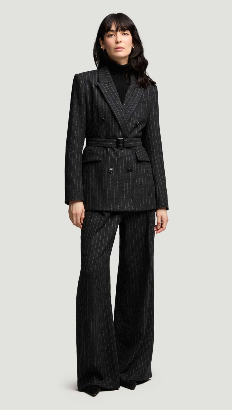 46a Belted Double Breasted Blazer in Wool Blend Grey Pinstripe 3488