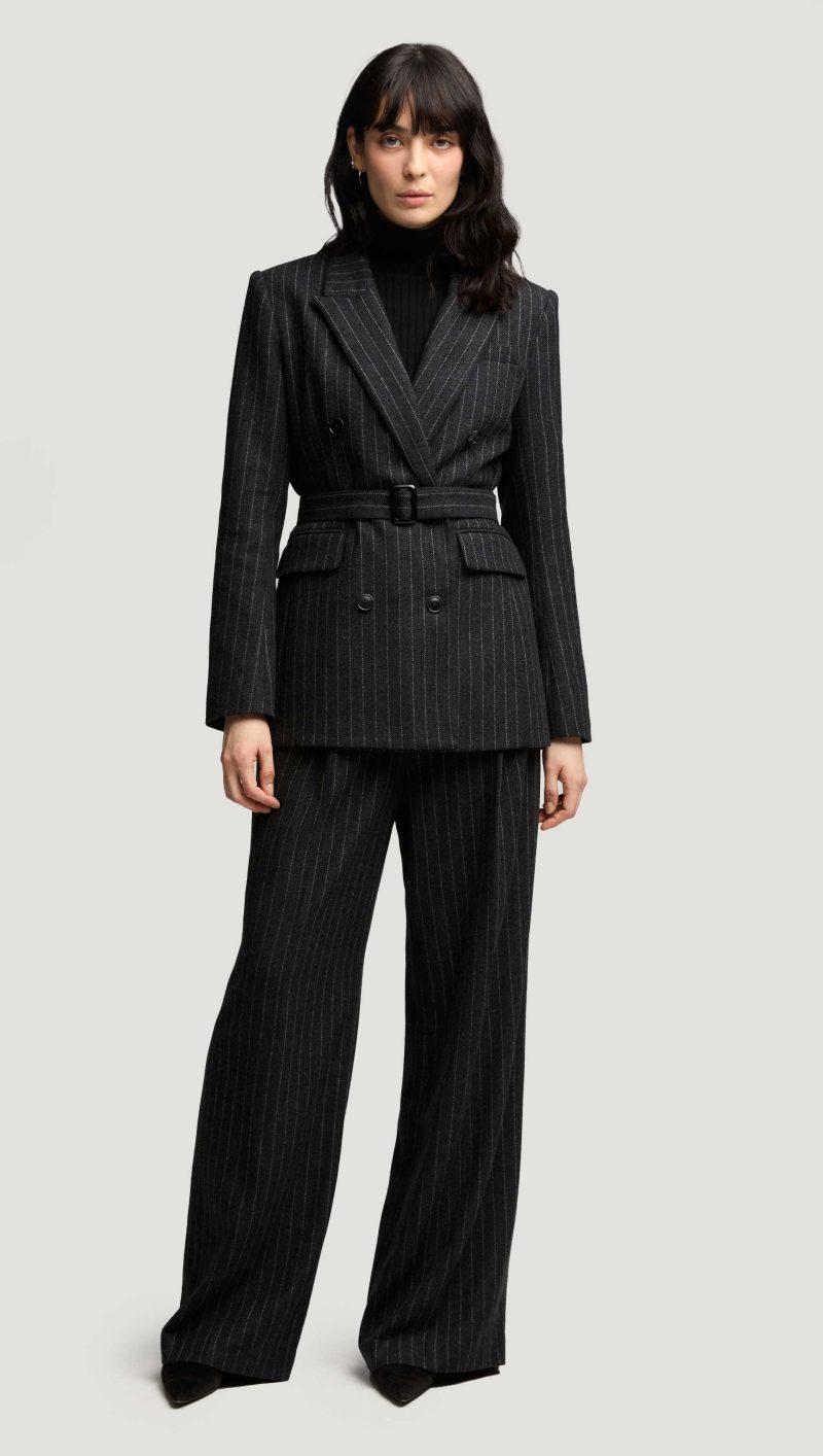 46a Belted Double Breasted Blazer in Wool Blend Grey Pinstripe 3504