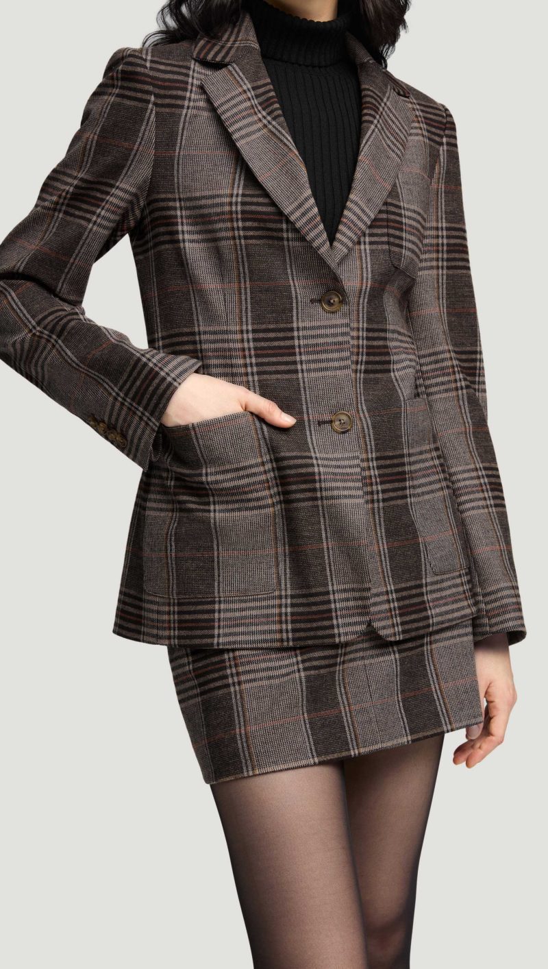 51a Weekend Blazer in Viscose Blend Coffee Beige Plaid 0704