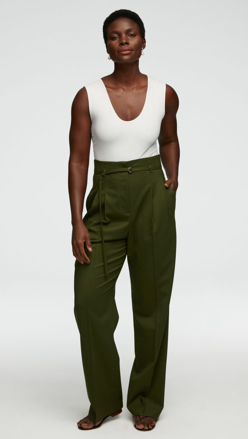 56 High Waisted Belted Trouser in Seasonless Wool Olive 0129