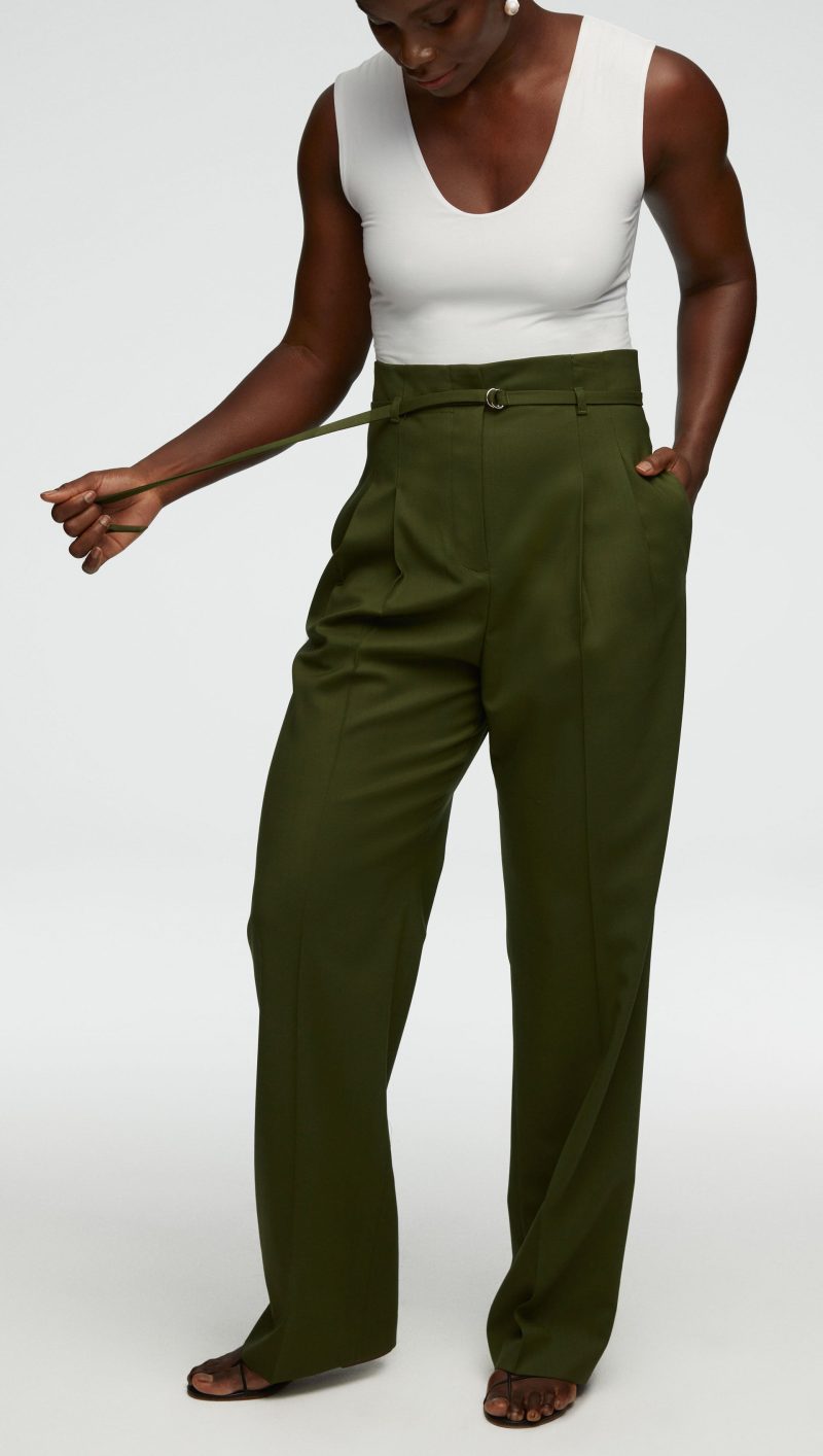 56 High Waisted Belted Trouser in Seasonless Wool Olive 1274