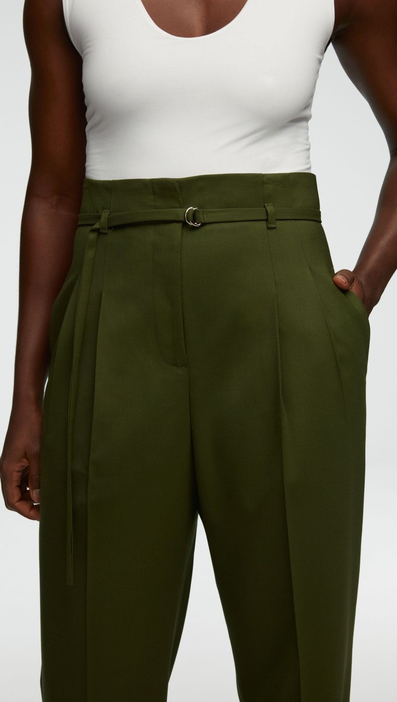 56 High Waisted Belted Trouser in Seasonless Wool Olive 1281