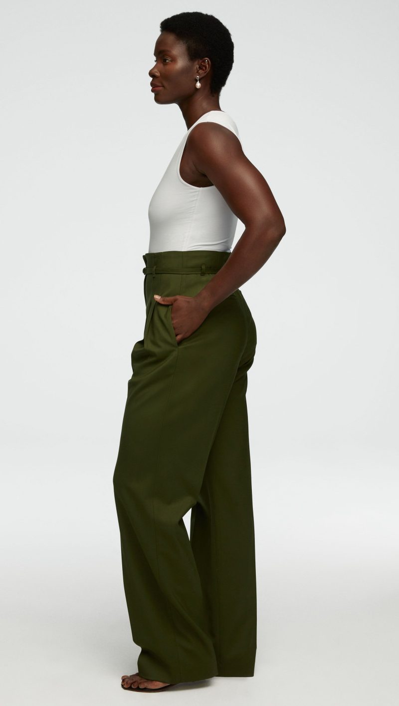 56 High Waisted Belted Trouser in Seasonless Wool Olive 1285