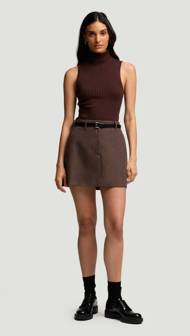 66 Mini Tailored Skirt in Brown Camel Houndstooth 7254