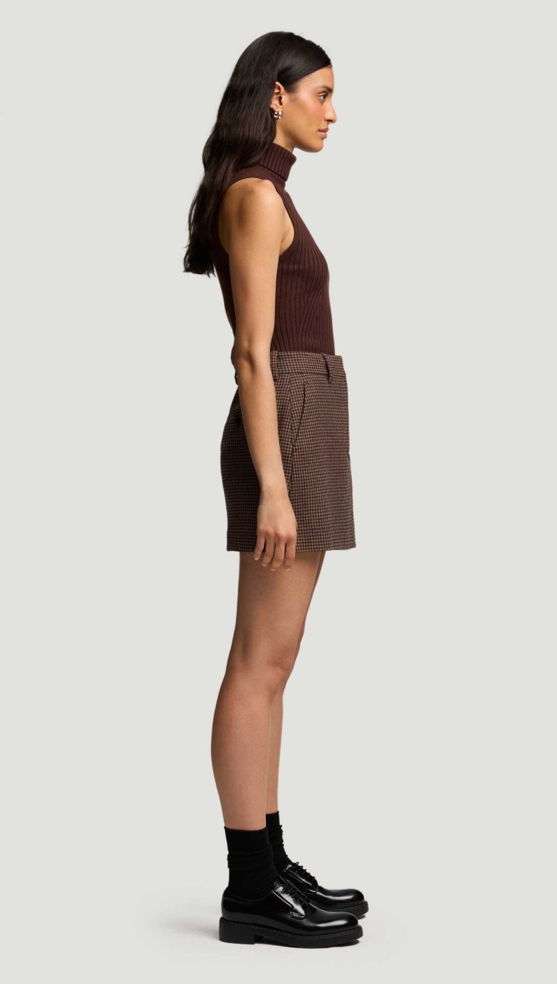 66 Mini Tailored Skirt in Brown Camel Houndstooth 7274