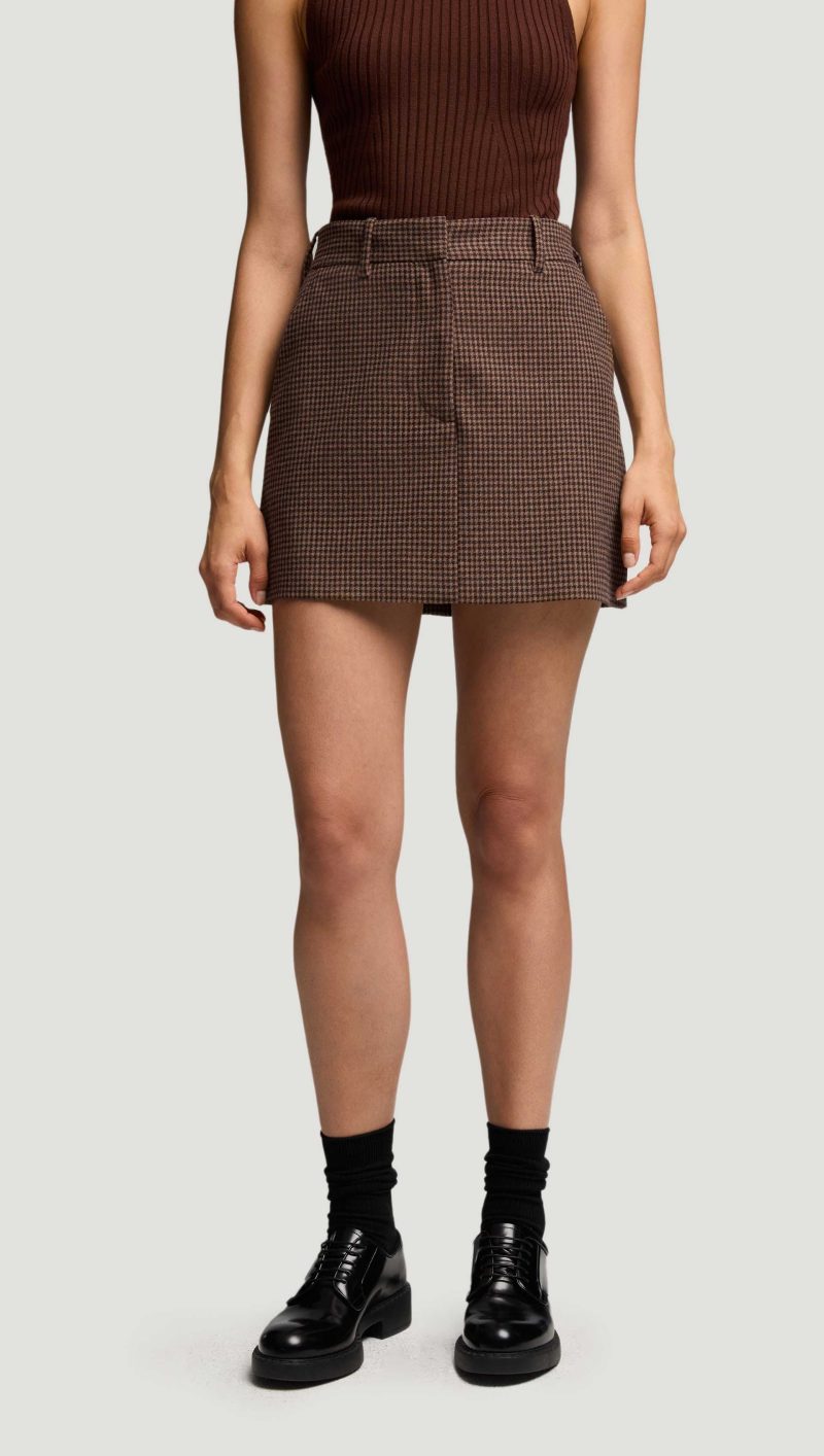 66 Mini Tailored Skirt in Brown Camel Houndstooth 7289