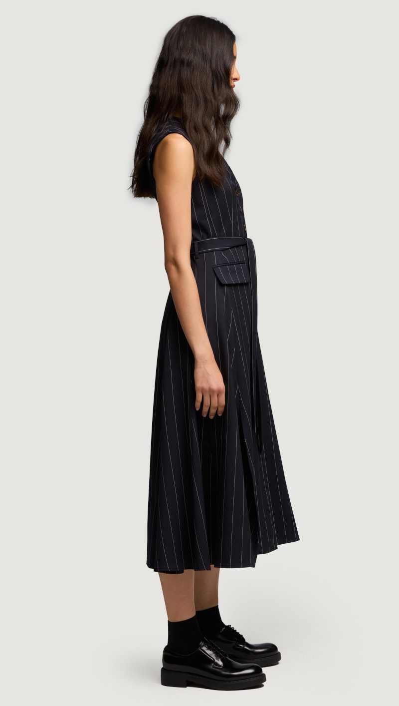 75 Vest Dress in Stretch Wool Navy Pinstripe 4303