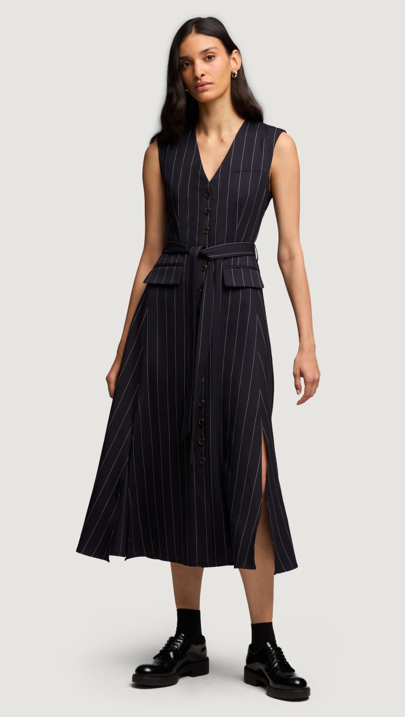 75 Vest Dress in Stretch Wool Navy Pinstripe 4333