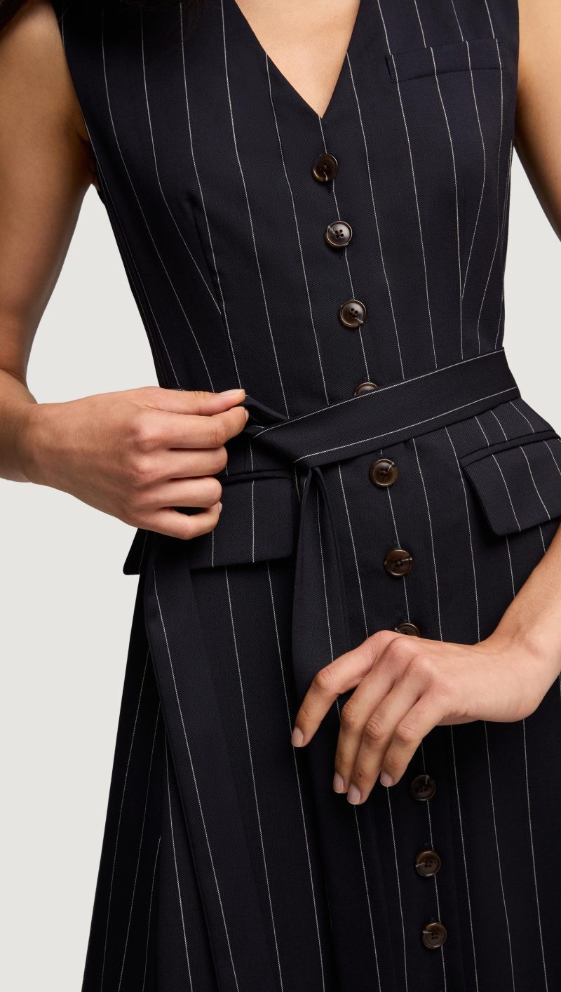 75 Vest Dress in Stretch Wool Navy Pinstripe 4340