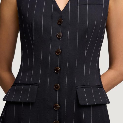 75 Vest Dress in Stretch Wool Navy Pinstripe 4345