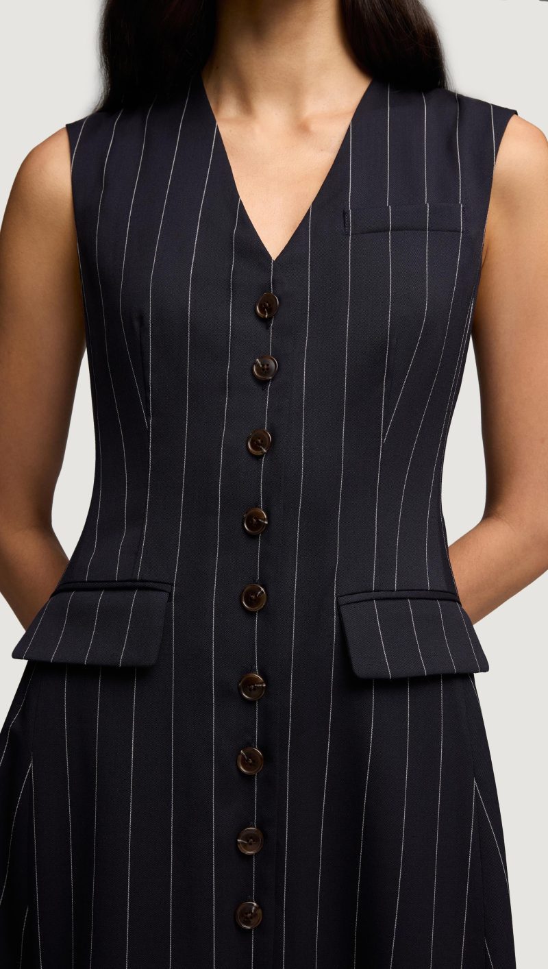 75 Vest Dress in Stretch Wool Navy Pinstripe 4345