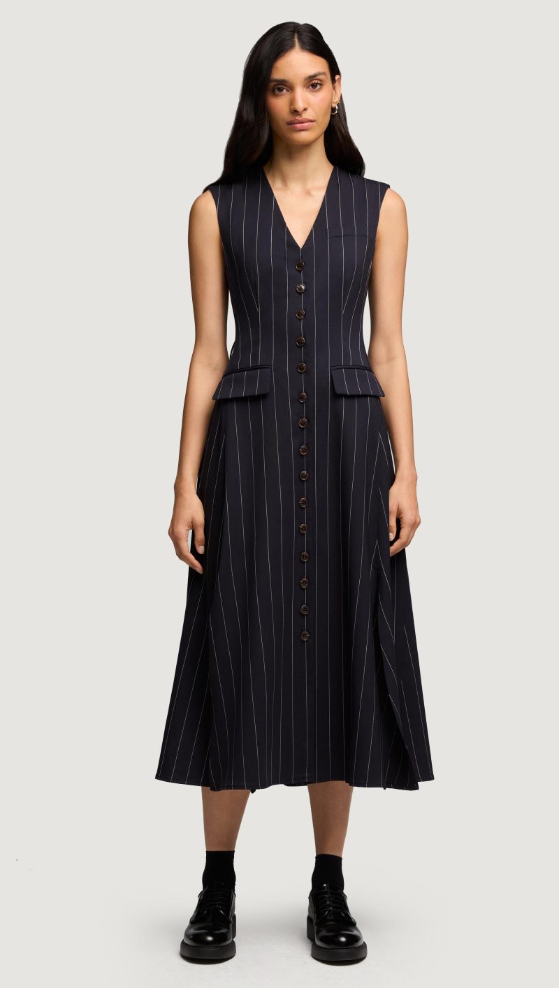 75 Vest Dress in Stretch Wool Navy Pinstripe 4350