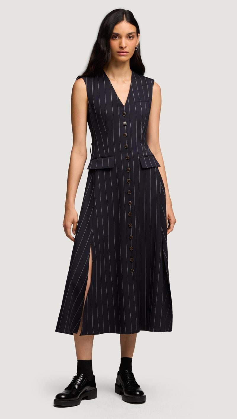 75 Vest Dress in Stretch Wool Navy Pinstripe 4352