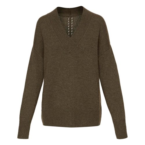 OversizedChunkyVNeckSweaterinWoolCashmere OliveMelange 166