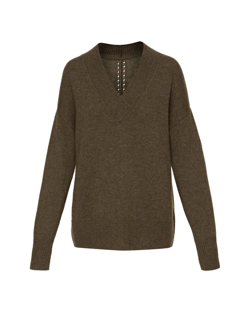 OversizedChunkyVNeckSweaterinWoolCashmere OliveMelange 166