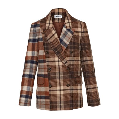 PatchworkPeakLapelBlazerinWoolPlaid BrownPlaid 2577