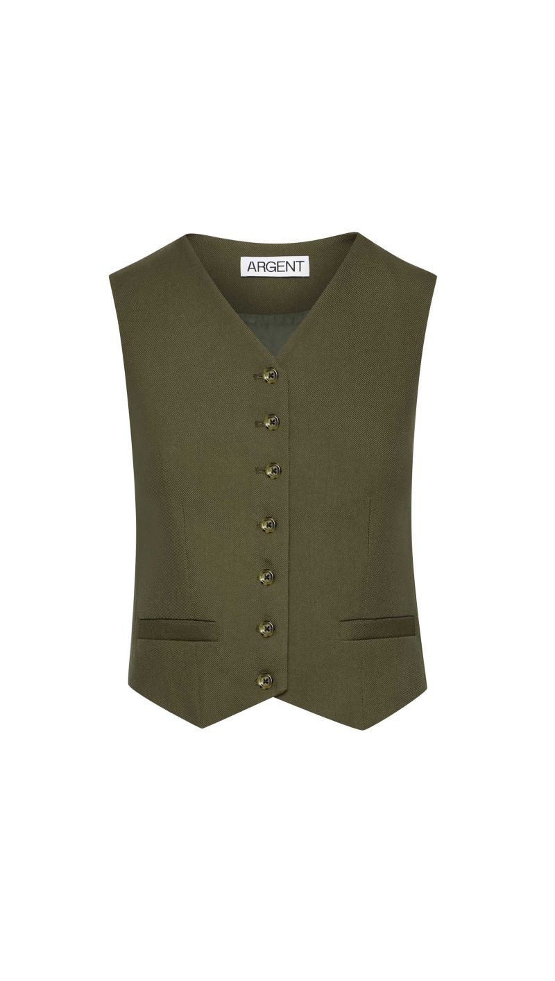 ShallowV NeckWaistcoatinViscoseWoolTwill Olive